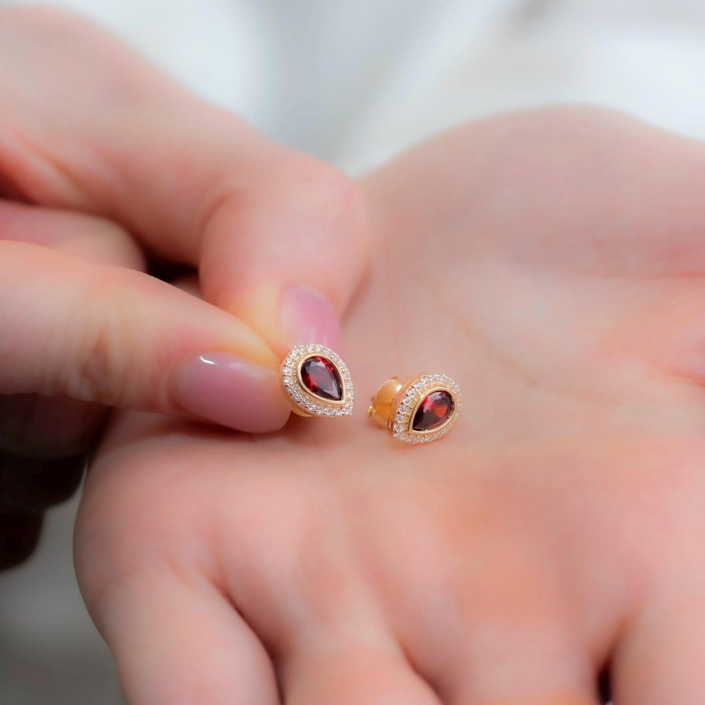 Garnet Bezel Drop Stud Earrings with Real Diamonds in 8K/10K/14K Solid Gold | January Birthstone Jewelry