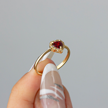 Garnet Bezel Heart Ring with Real Diamonds Halo in 8K/10K/14K Solid Gold | January Birthstone Jewelry