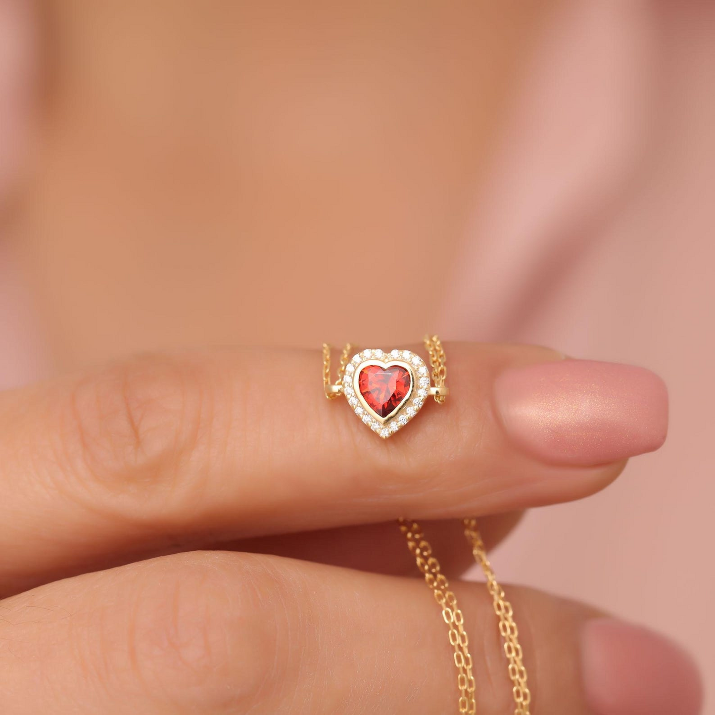Garnet Bezel Heart Bracelet with Real Diamonds in 8K/10K/14K Solid Gold | January Birthstone Jewelry