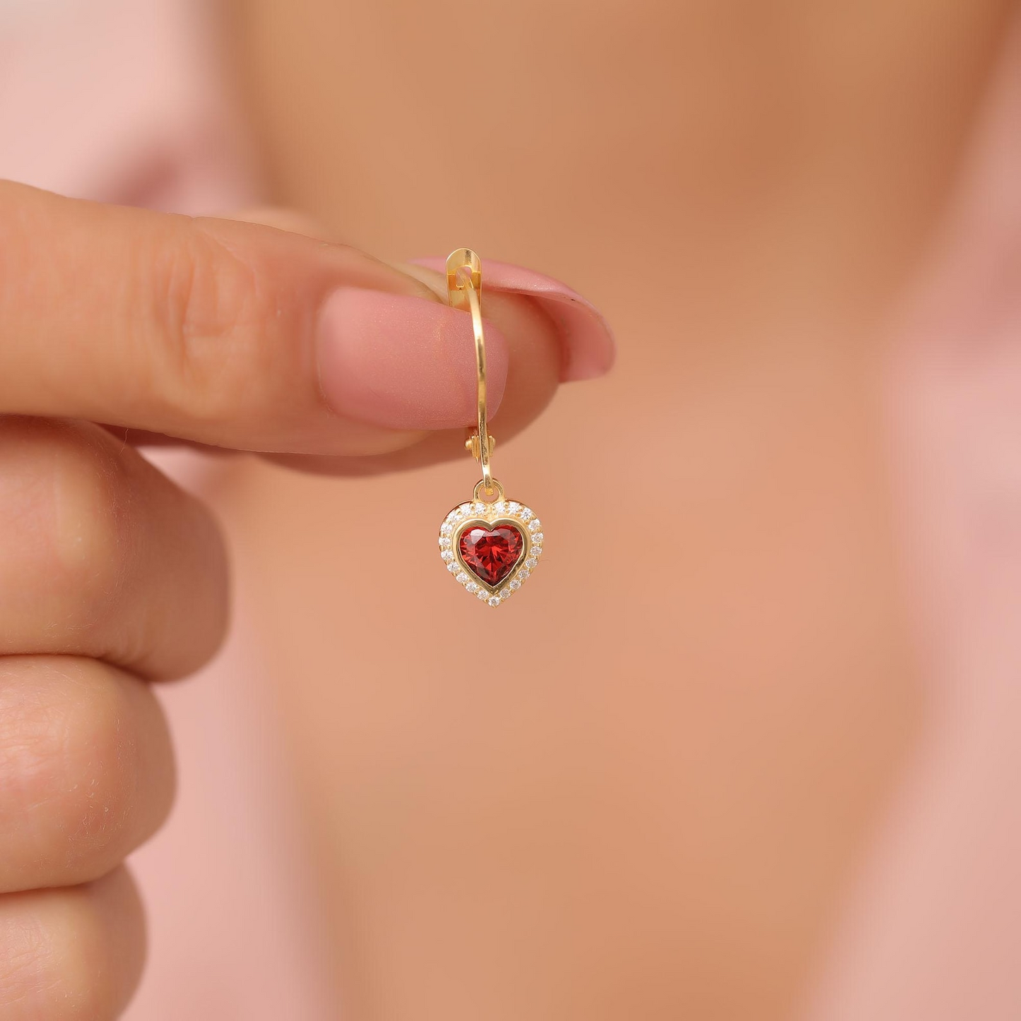 Garnet Bezel Heart Dangle Earrings with Real Diamonds in 8K/10K/14K Solid Gold | January Birthstone Jewelry