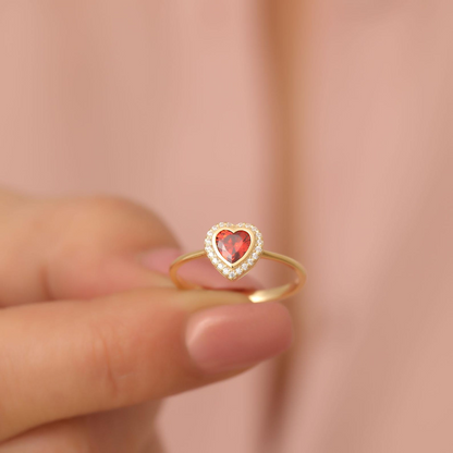 Garnet Bezel Heart Ring with Real Diamonds in 8K/10K/14K Solid Gold | January Birthstone Jewelry