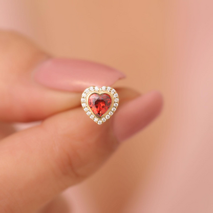 Garnet Bezel Heart Stud Earrings with Real Diamonds in 10K/14K Solid Gold | January Birthstone Jewelry