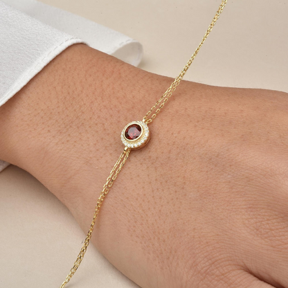 Garnet Round Bezel Bracelet in 8K/10K/14K Solid Gold with Real Diamonds, January Birthstone Jewelry