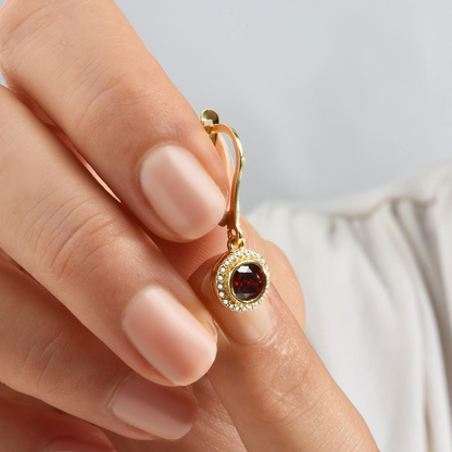 Garnet Round Bezel Dangle Earrings in 8K/10K/14K Solid Gold with Real Diamonds, January Birthstone Jewelry