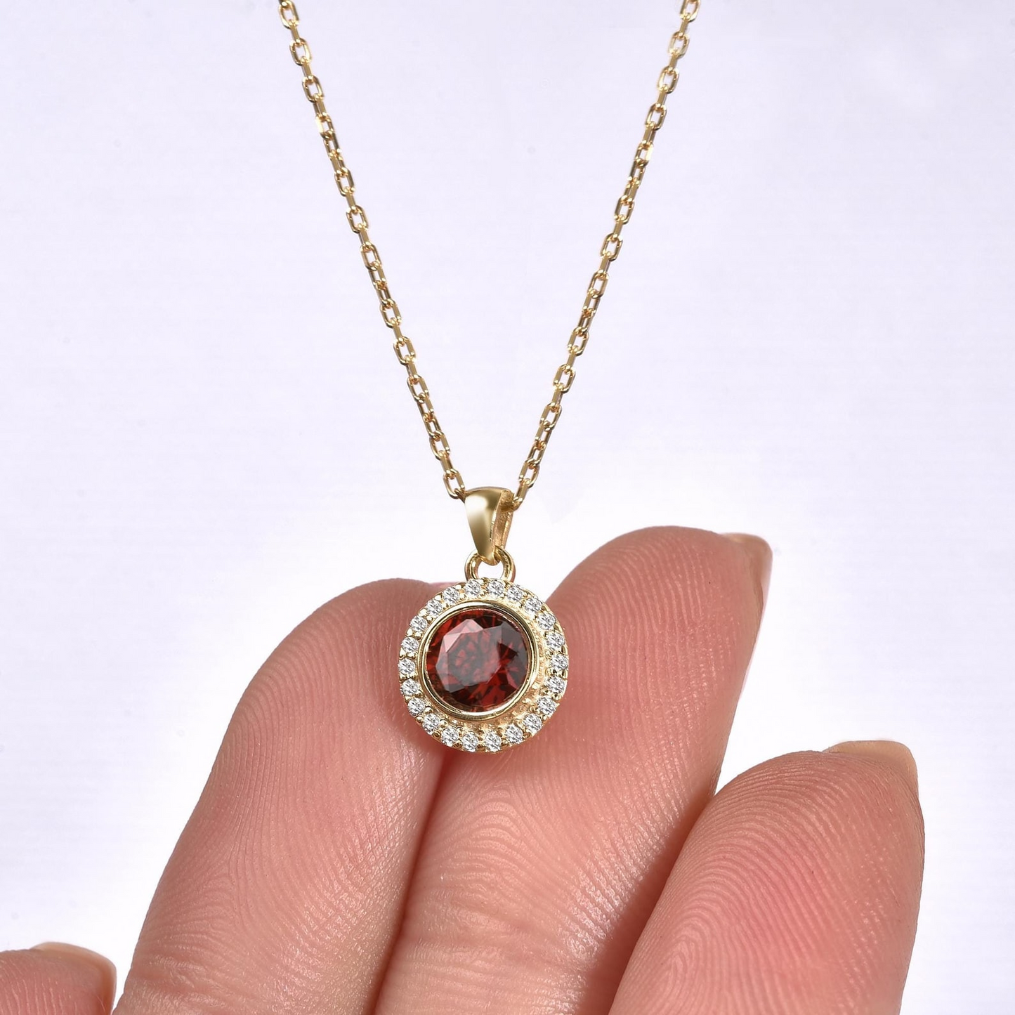 Garnet Round Bezel Necklace in 8K/10K/14K Solid Gold with Real Diamonds, January Birthstone Jewelry