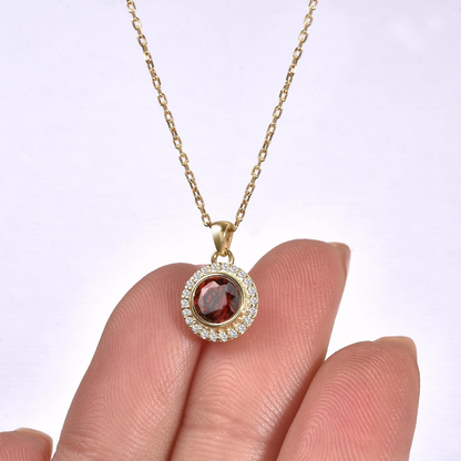 Garnet Round Bezel Necklace in 8K/10K/14K Solid Gold with Real Diamonds, January Birthstone Jewelry