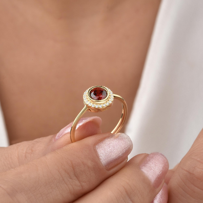 Garnet Round Bezel Ring in 8K/10K/14K Solid Gold with Real Diamonds, January Birthstone Jewelry