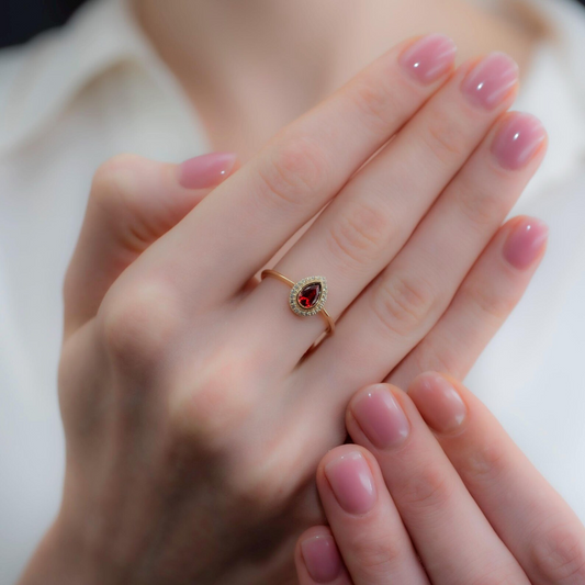 Garnet Bezel Drop Ring with Real Diamonds in 8K/10K/14K Solid Gold | January Birthstone Jewelry