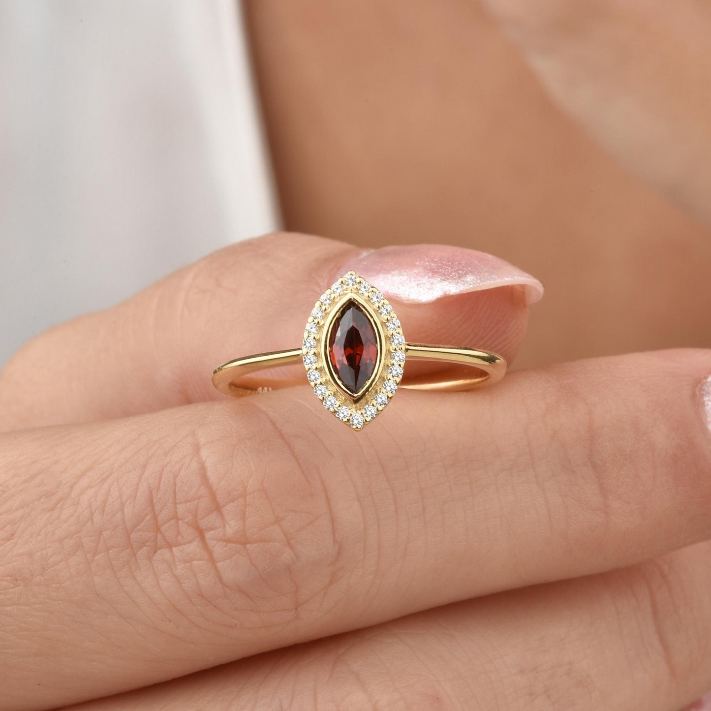 Garnet Bezel Marquise Ring with Real Diamonds in 8K/10K/14K Solid Gold | January Birthstone Jewelry