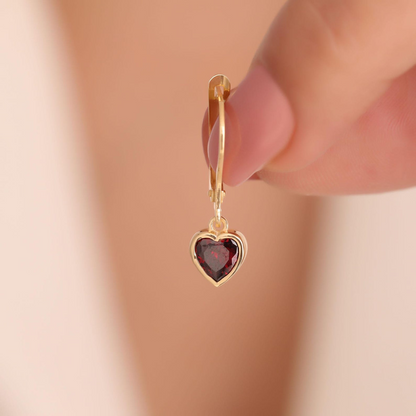 Garnet Heart Cut Bezel Dangle Earrings 14K Solid Gold, January Birthstone Jewelry