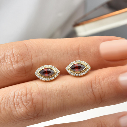 Garnet Bezel Marquise Stud Earrings with Real Diamonds in 8K/10K/14K Solid Gold | January Birthstone Jewelry