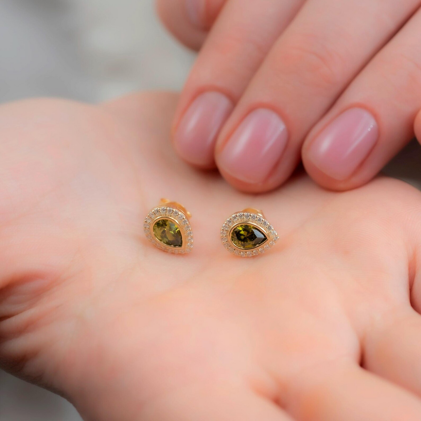 Peridot Bezel Drop Stud Earrings with Real Diamonds in 8K/10K/14K Solid Gold | August Birthstone Jewelry