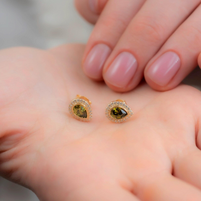 Peridot Bezel Drop Stud Earrings with Real Diamonds in 8K/10K/14K Solid Gold | August Birthstone Jewelry