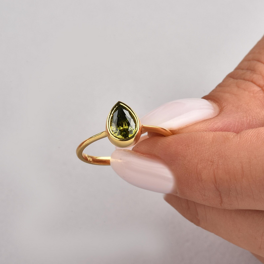 Peridot Drop Bezel Ring 8K/10K/14K Solid Gold, August Birthstone Jewelry