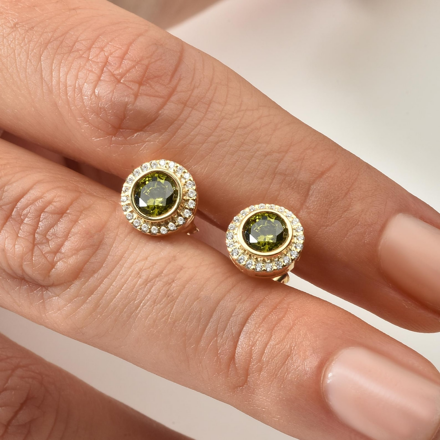 Peridot Round Bezel Stud Earrings in 8K/10K/14K Solid Gold with Real Diamonds, August Birthstone Jewelry