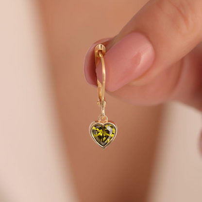 Peridot Heart Cut Bezel Dangle Earrings 14K Solid Gold, August Birthstone Jewelry