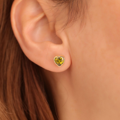 Peridot Heart Bezel Cut Stud Earrings 10K/14K Solid Gold, August Birthstone Jewelry