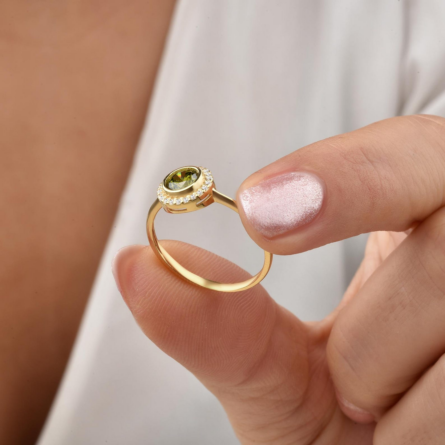 Peridot Round Bezel Ring in 8K/10K/14K Solid Gold with Real Diamonds, August Birthstone Jewelry