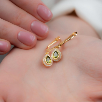 Peridot Bezel Drop Dangle Earrings with Real Diamonds in 8K/10K/14K Solid Gold | August Birthstone Jewelry