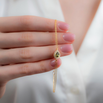 Peridot Bezel Drop Bracelet with Real Diamonds in 8K/10K/14K Solid Gold | August Birthstone Jewelry