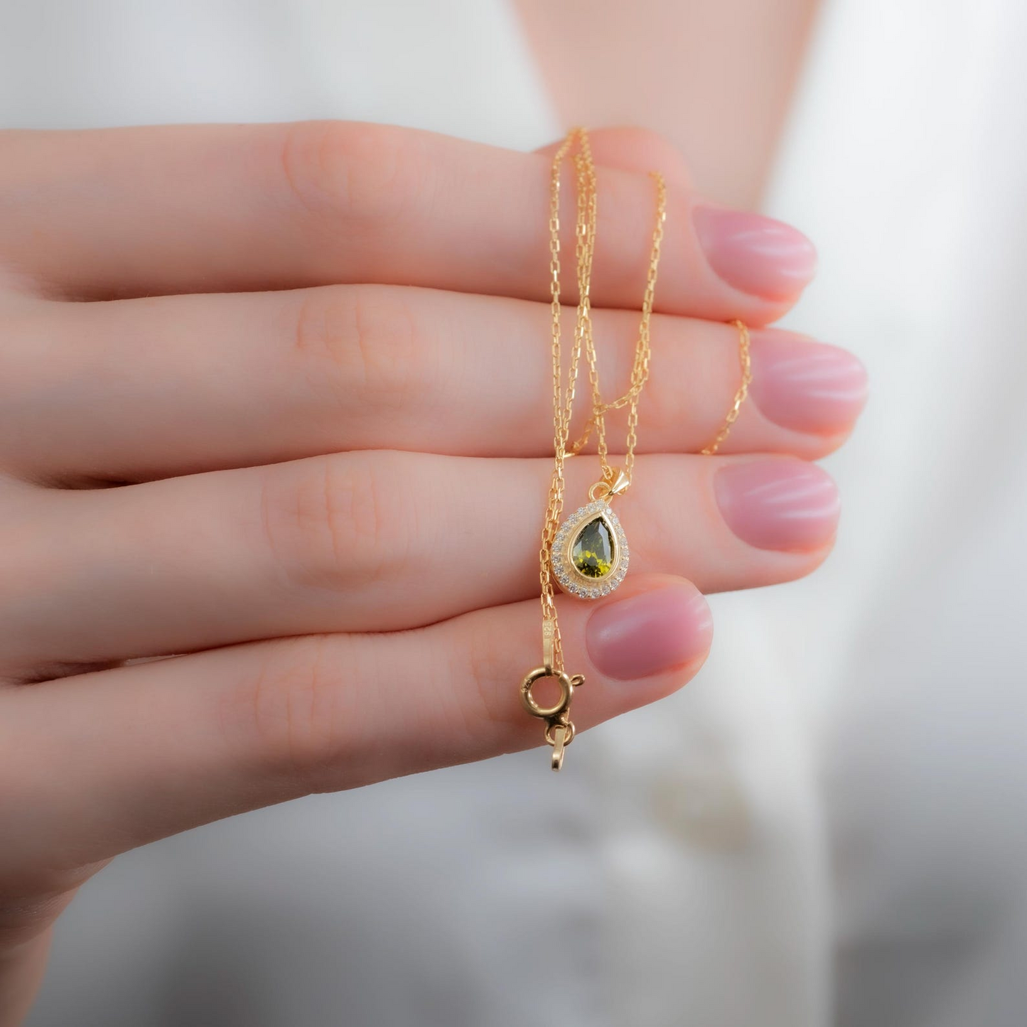 Peridot Bezel Drop Necklace with Real Diamonds in 8K/10K/14K Solid Gold | November Birthstone Jewelry