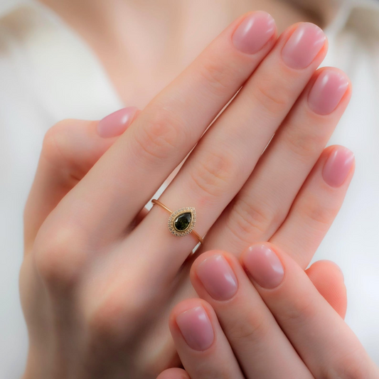 Peridot Bezel Drop Ring with Real Diamonds in 8K/10K/14K Solid Gold | August Birthstone Jewelry