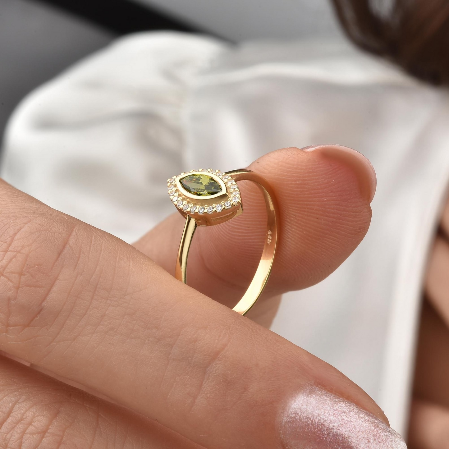 Peridot Bezel Marquise Ring with Real Diamonds in 8K/10K/14K Solid Gold | August Birthstone Jewelry
