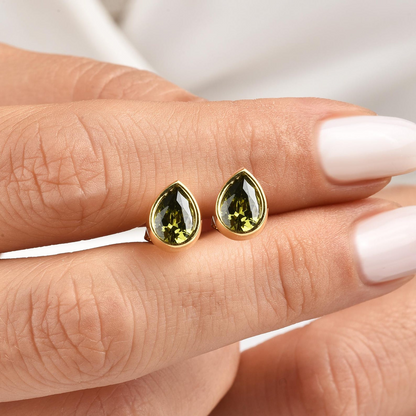 Peridot Drop Bezel Stud Earrings in 10K/14K Solid Gold, August Birthstone Jewelry