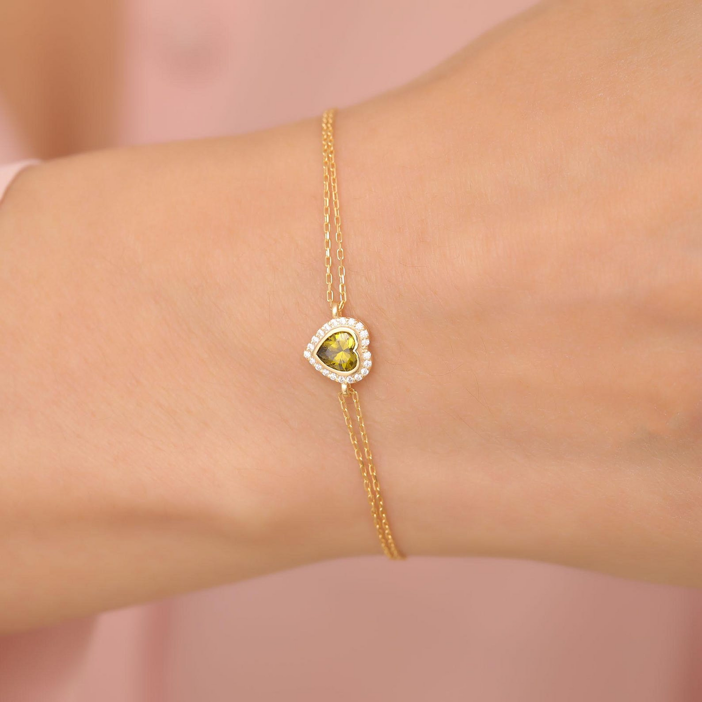 Peridot Bezel Heart Bracelet with Real Diamonds in 8K/10K/14K Solid Gold | August Birthstone Jewelry