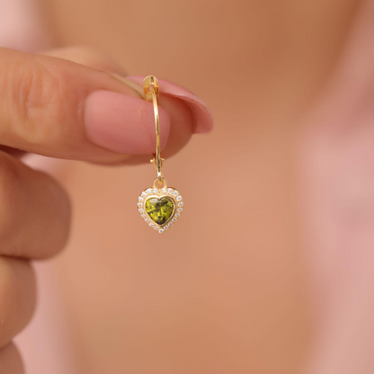 Peridot Bezel Heart Dangle Earrings with Real Diamonds in 8K/10K/14K Solid Gold | August Birthstone Jewelry