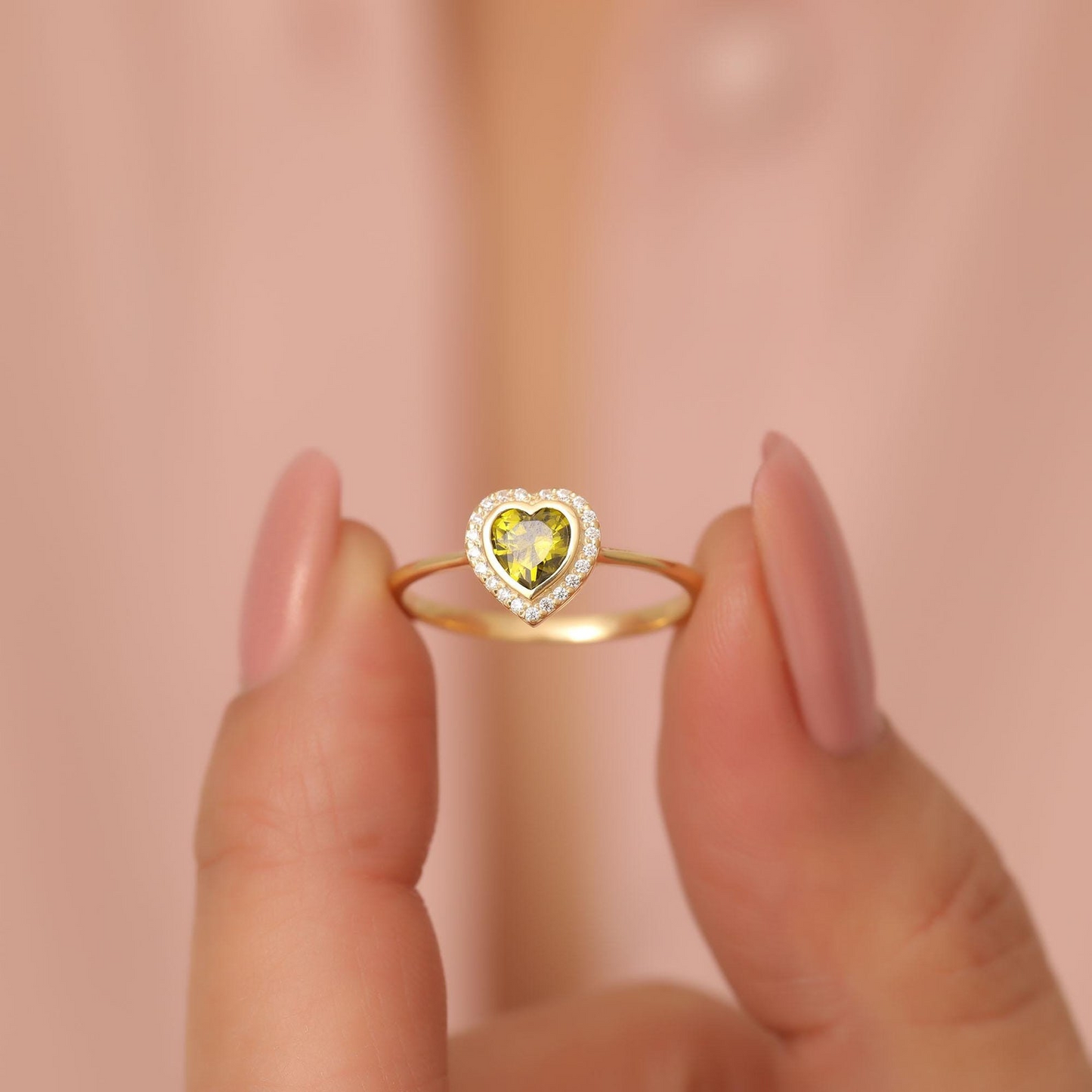 Peridot Bezel Heart Ring with Real Diamonds in 8K/10K/14K Solid Gold | August Birthstone Jewelry
