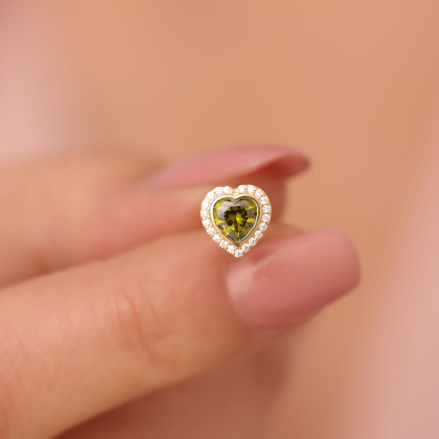 Peridot Bezel Heart Stud Earrings with Real Diamonds in 10K/14K Solid Gold | August Birthstone Jewelry