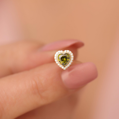 Peridot Bezel Heart Stud Earrings with Real Diamonds in 10K/14K Solid Gold | August Birthstone Jewelry