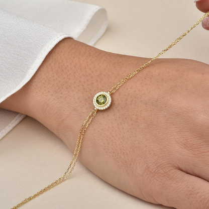 Peridot Round Bezel Bracelet in 8K/10K/14K Solid Gold with Real Diamonds, August Birthstone Jewelry