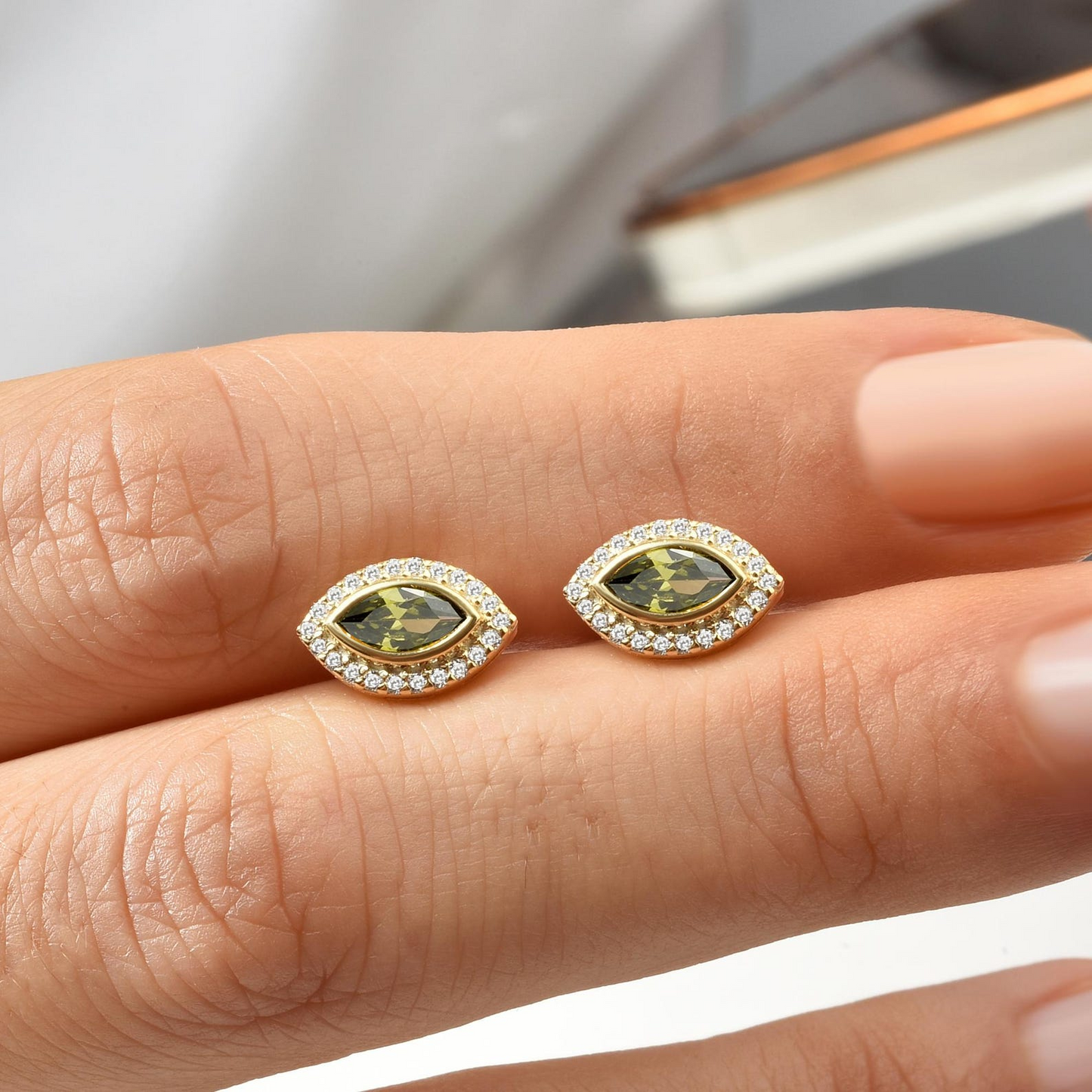 Peridot Bezel Marquise Stud Earrings with Real Diamonds in 8K/10K/14K Solid Gold | August Birthstone Jewelry