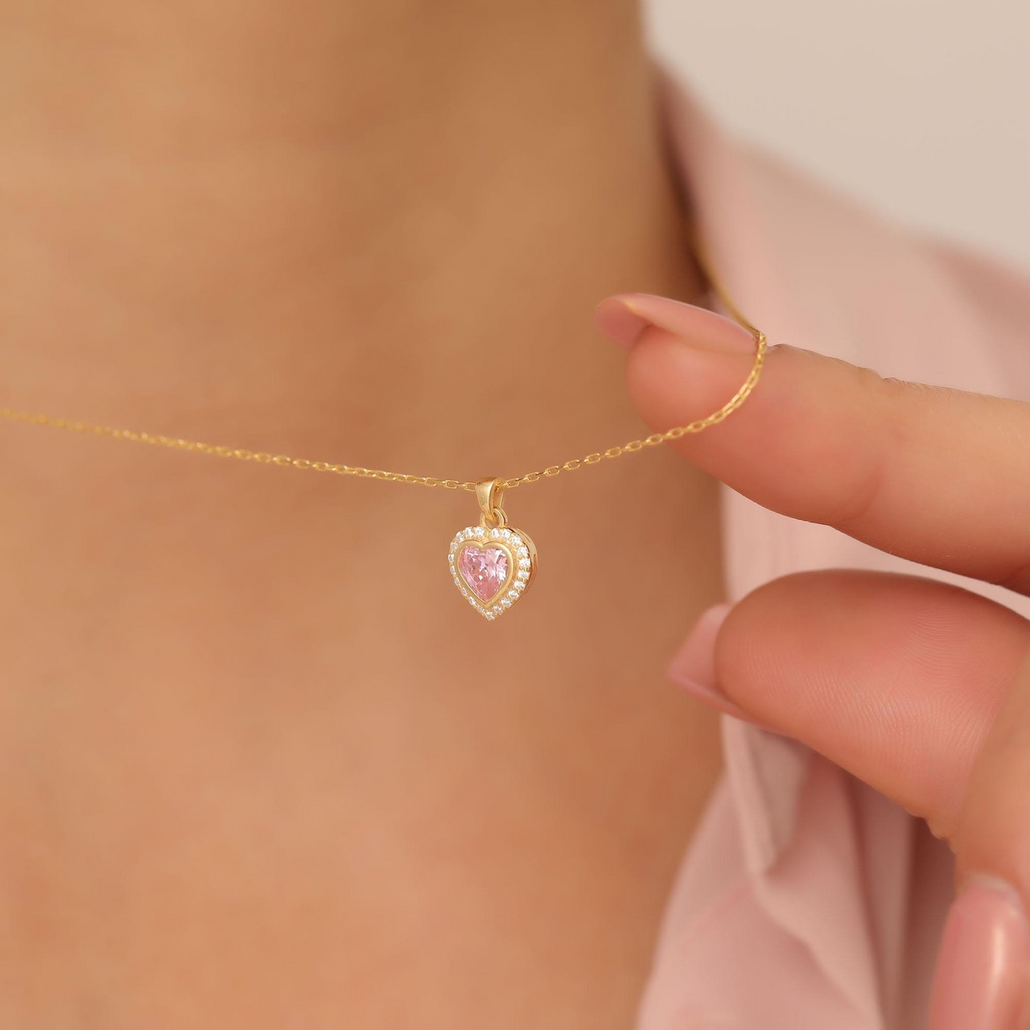 Pink Tourmaline Bezel Heart Necklace with Real Diamonds in 8K/10K/14K Solid Gold | October Birthstone Jewelry