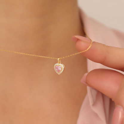 Pink Tourmaline Bezel Heart Necklace with Real Diamonds in 8K/10K/14K Solid Gold | October Birthstone Jewelry