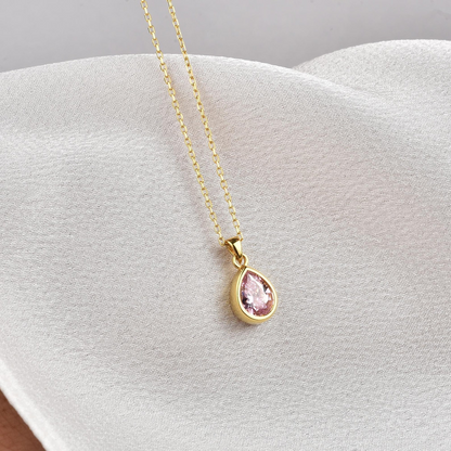 Pink Tourmaline Bezel Drop Necklace 10/14K Solid Gold, October Birthstone Jewelry