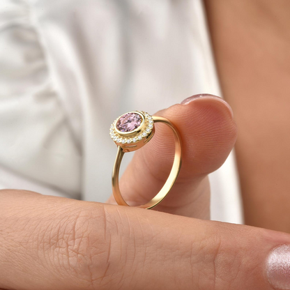 Pink Tourmaline Round Bezel Ring in 8K/10K/14K Solid Gold with Real Diamonds, October Birthstone Jewelry