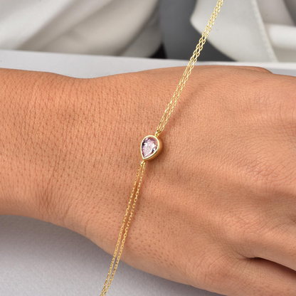 Pink Tourmaline Drop Bezel Bracelet in 10K/14K Solid Gold, October Birthstone Jewelry