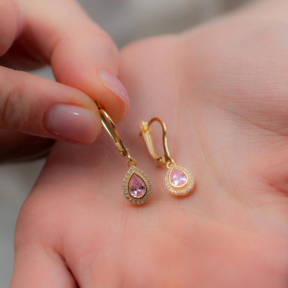 Pink Tourmaline Bezel Drop Dangle Earrings with Real Diamonds in 8K/10K/14K Solid Gold | October Birthstone Jewelry