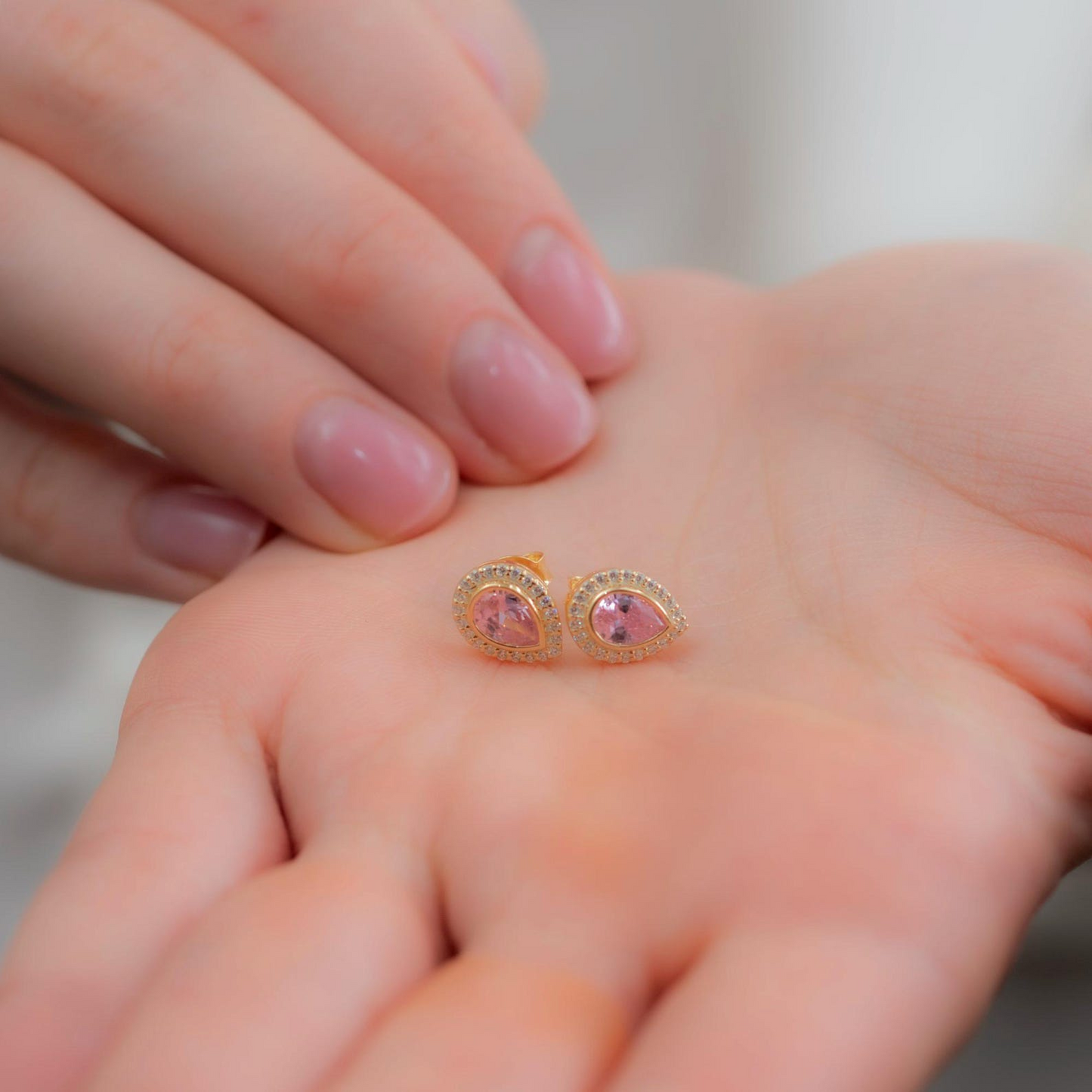 Pink Tourmaline Bezel Drop Stud Earrings with Real Diamonds in 8K/10K/14K Solid Gold | October Birthstone Jewelry