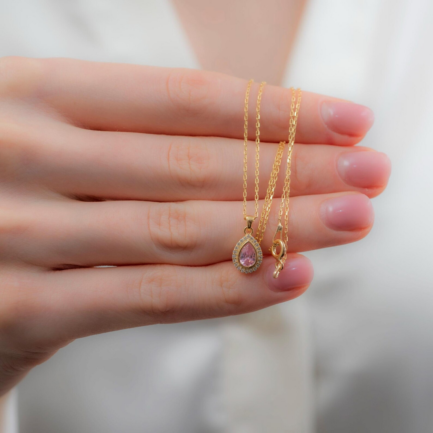 Pink Tourmaline Bezel Drop Necklace with Real Diamonds in 8K/10K/14K Solid Gold | October Birthstone Jewelry