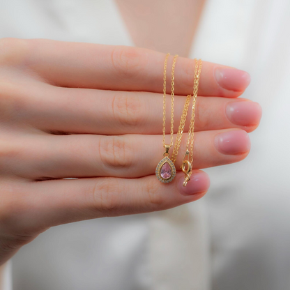 Pink Tourmaline Bezel Drop Necklace with Real Diamonds in 8K/10K/14K Solid Gold | October Birthstone Jewelry