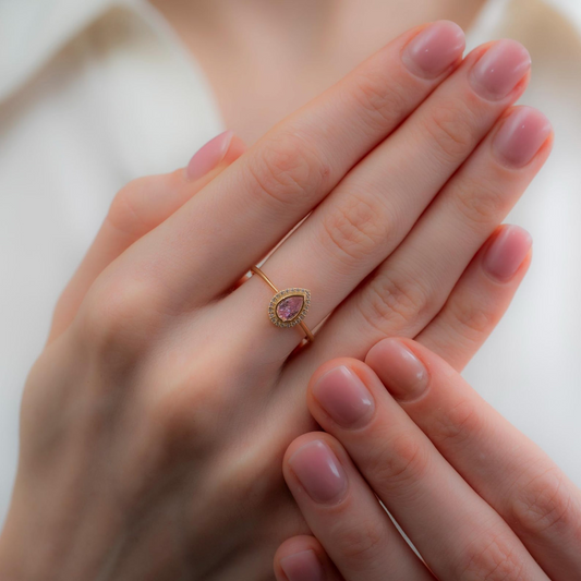 Pink Tourmaline Bezel Drop Ring with Real Diamonds in 8K/10K/14K Solid Gold | October Birthstone Jewelry