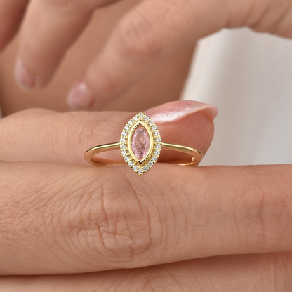 Pink Tourmaline Bezel Marquise Ring with Real Diamonds in 8K/10K/14K Solid Gold | October Birthstone Jewelry