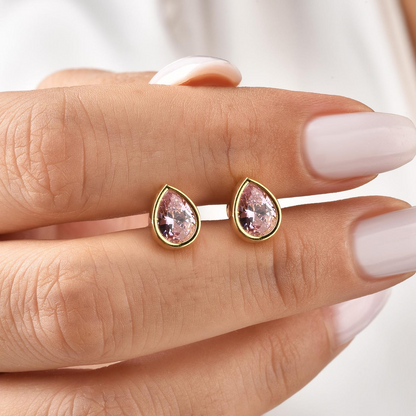 Pink Tourmaline Drop Bezel Stud Earrings in 10K/14K Solid Gold, October Birthstone Jewelry