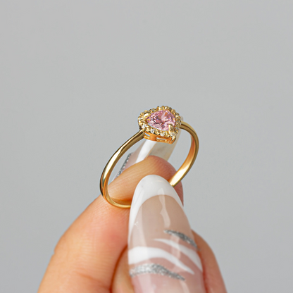 Pink Tourmaline Bezel Heart Ring with Real Diamonds Halo in 8K/10K/14K Solid Gold | October Birthstone Jewelry