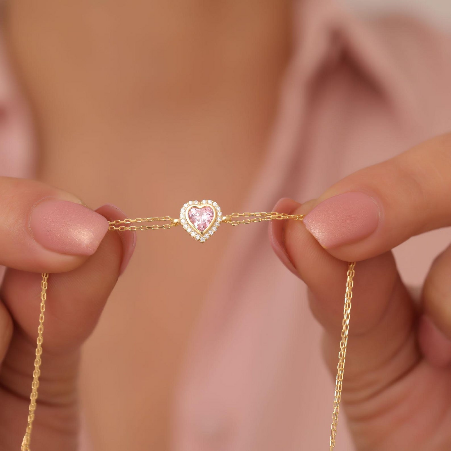 Pink Tourmaline Bezel Heart Bracelet with Real Diamonds in 8K/10K/14K Solid Gold | October Birthstone Jewelry