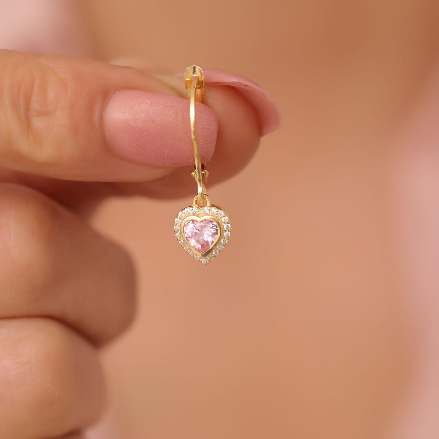Pink Tourmaline Bezel Heart Dangle Earrings with Real Diamonds in 8K/10K/14K Solid Gold | October Birthstone Jewelry